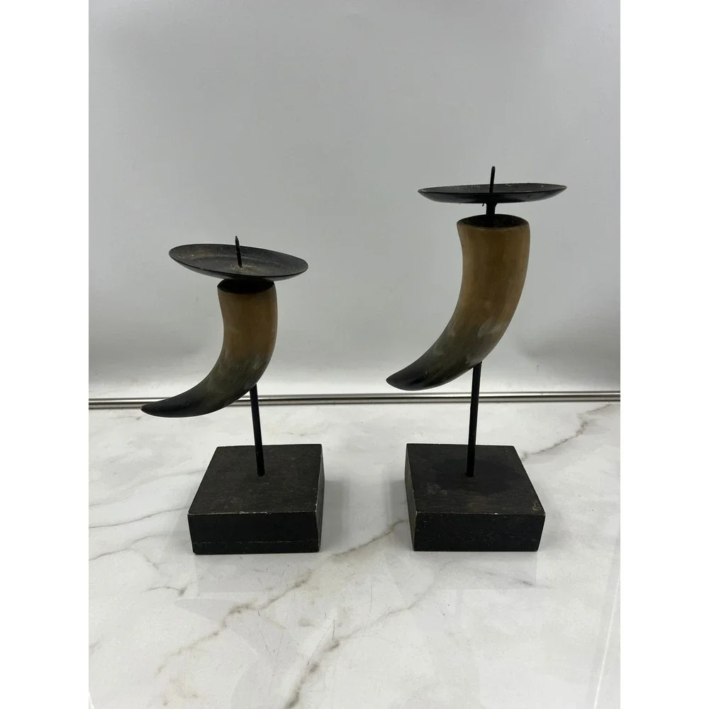 Elements Faux Horn Pillar Candle Holders Set of 2 Rustic Lodge Decor Black Tan